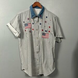 Women vintage patriotic denim collar flag embroidered shirt size Large